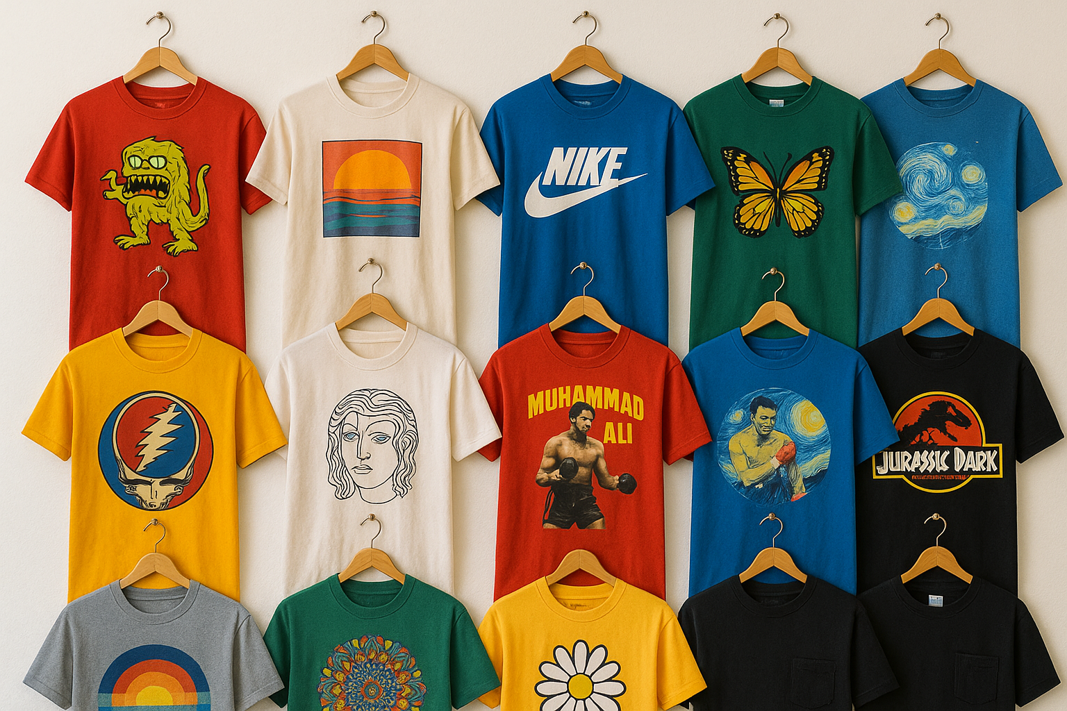 bunch of printed tshirt hanging on wall